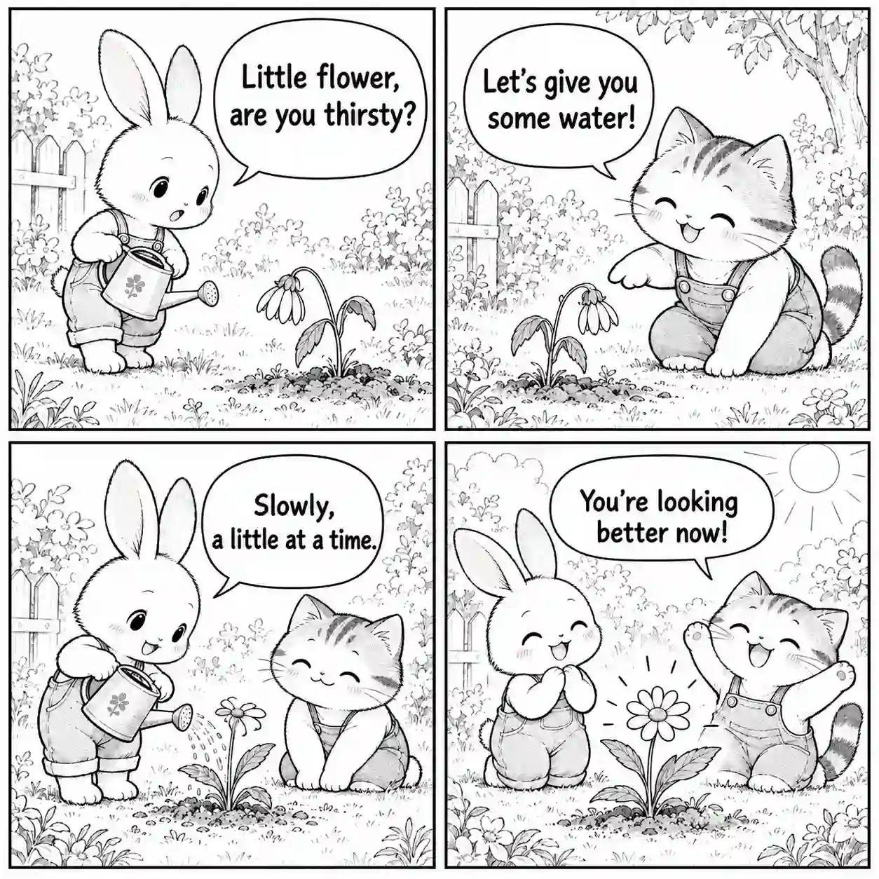 An English comic of a rabbit and cat illustrates image translation by the image translator, preserving speech bubbles and artwork through the picture translator workflow.