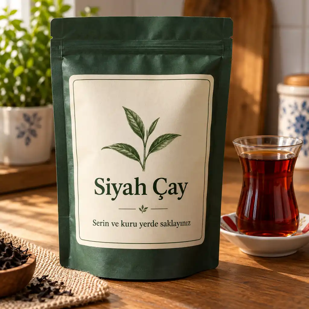 Turkish black tea packaging displays its product name and storage instructions before image translation, providing an image translator example for readers using a photo translator.