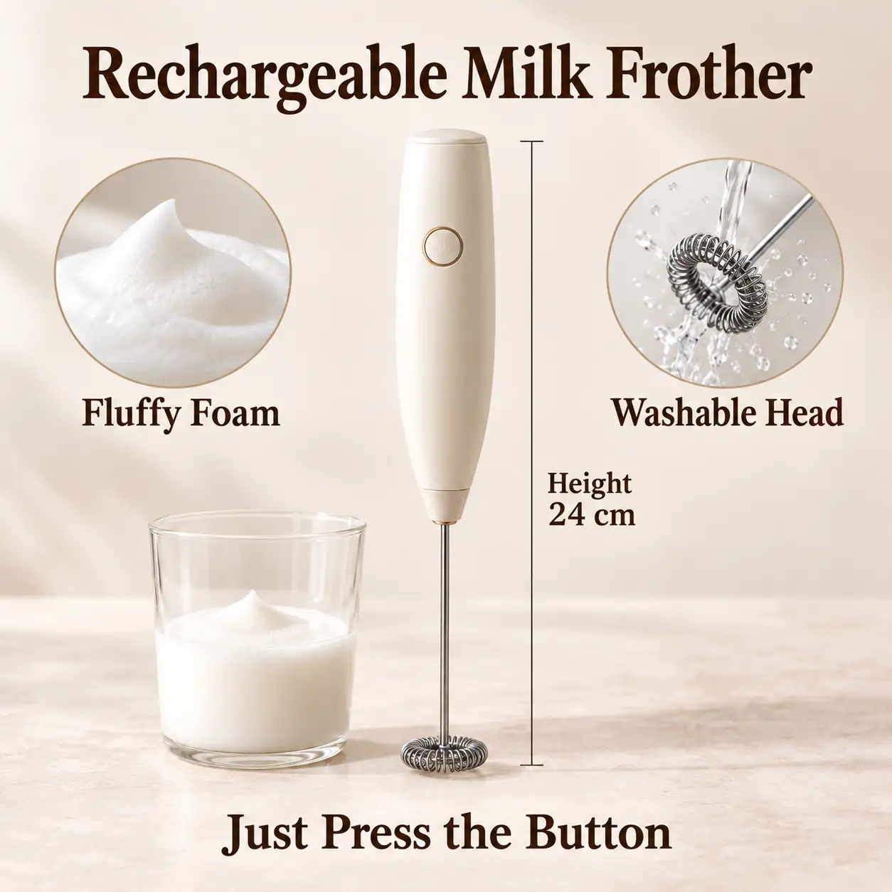 An English milk frother advertisement shows image translation by the image translator, retaining product photography, feature labels, and measurements in the photo translator result.