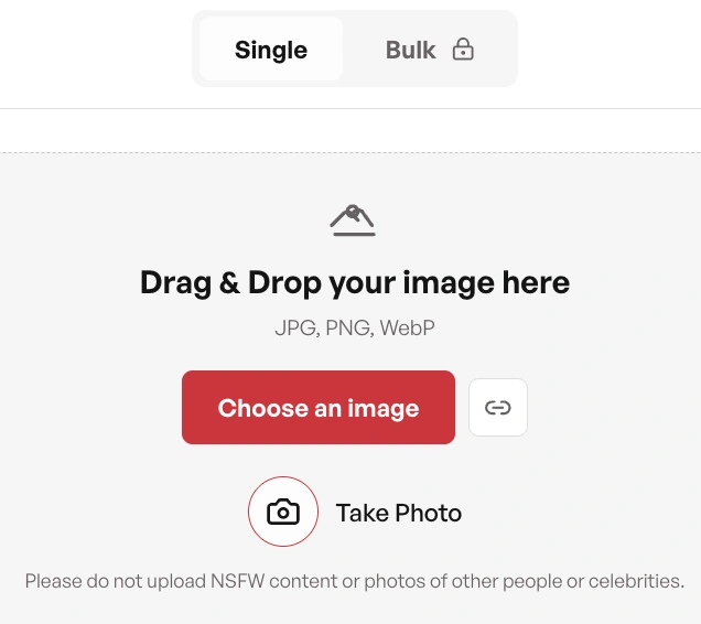 The image translator homepage shows single and bulk modes above the upload area, introducing the image translation workflow through a clear picture translator interface.