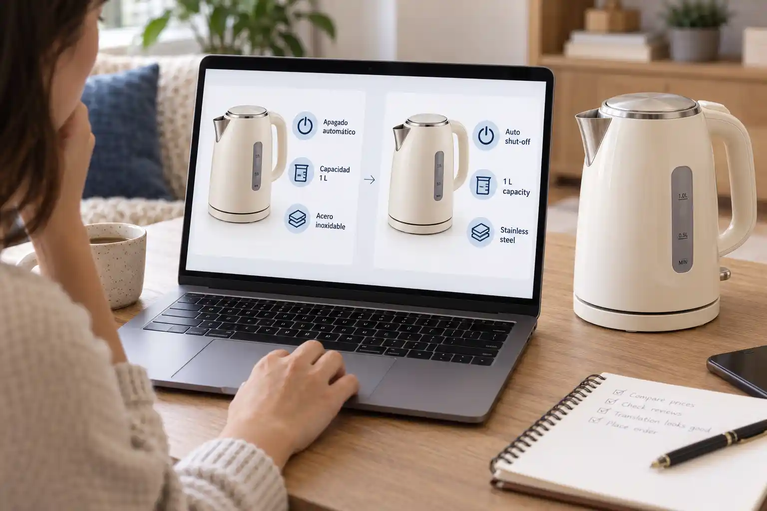 A shopper compares kettle product information on a laptop using the image translator, illustrating image translation for online shopping with a picture translator beside the physical product.